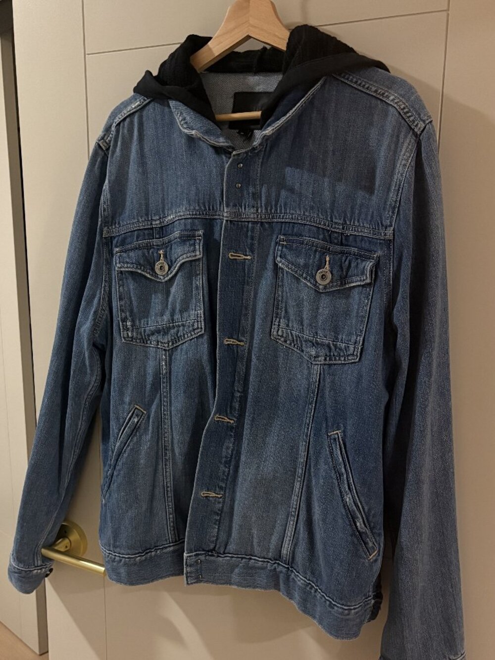 PAIGE Medium Wash Denim Jacket with Removable Black Hood Size M
